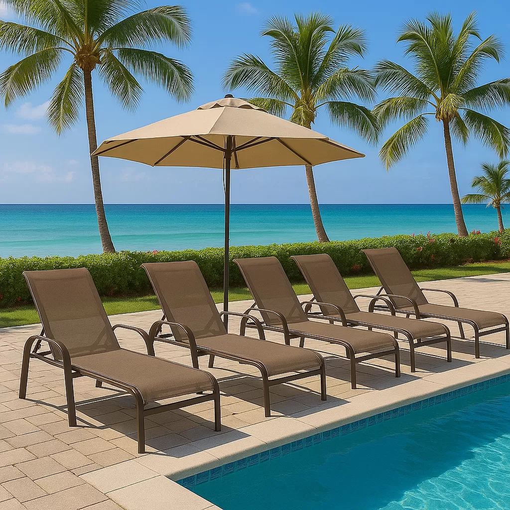 Kit com 2 Espreguiçadeiras para Piscina Summer - Alumínio Marrom, Tela Sling Marrom | Empilhável