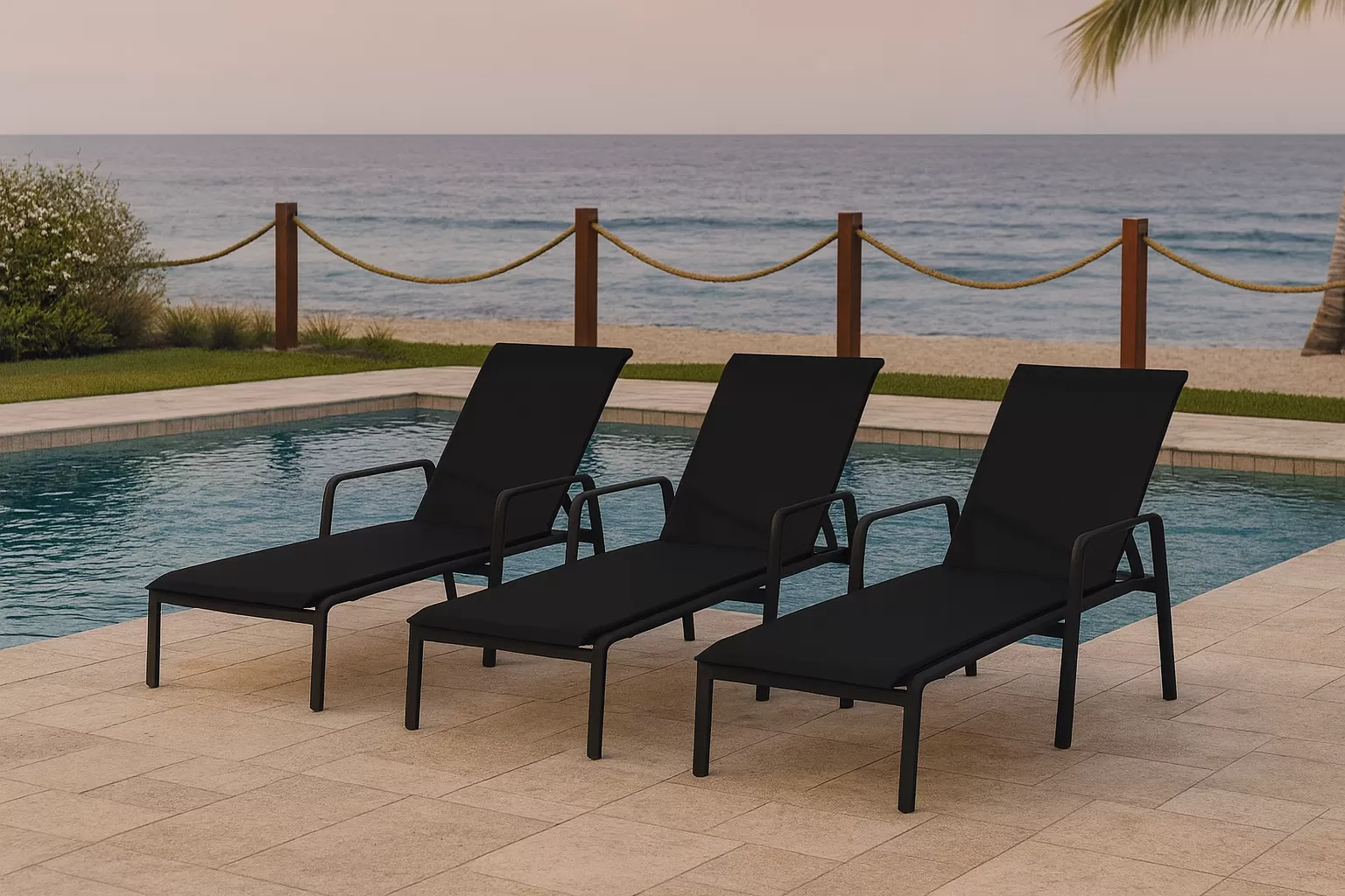 Kit com 2 Espreguiçadeiras para Piscina Summer - Alumínio Preto, Tela Sling Preta | Empilhável