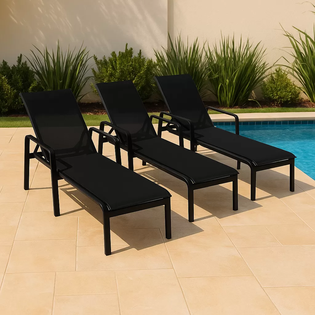 Kit com 2 Espreguiçadeiras para Piscina Summer - Alumínio Preto, Tela Sling Preta | Empilhável