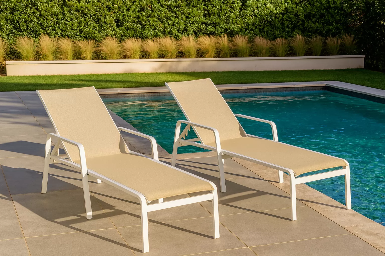 Kit com 3 Espreguiçadeiras para Piscina Summer - Alumínio Branco, Tela Sling Bege | Empilhável
