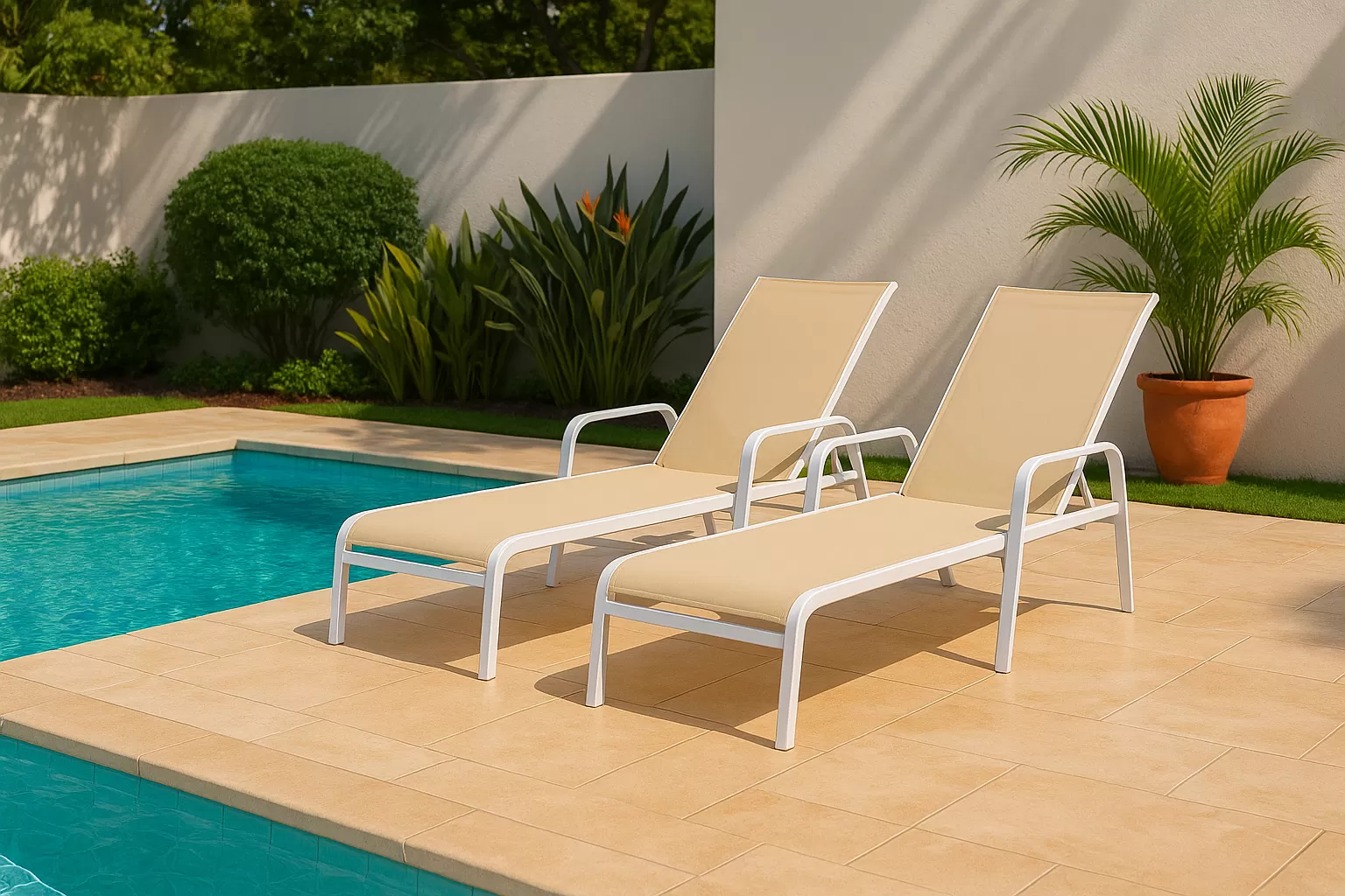 Kit com 3 Espreguiçadeiras para Piscina Summer - Alumínio Branco, Tela Sling Bege | Empilhável