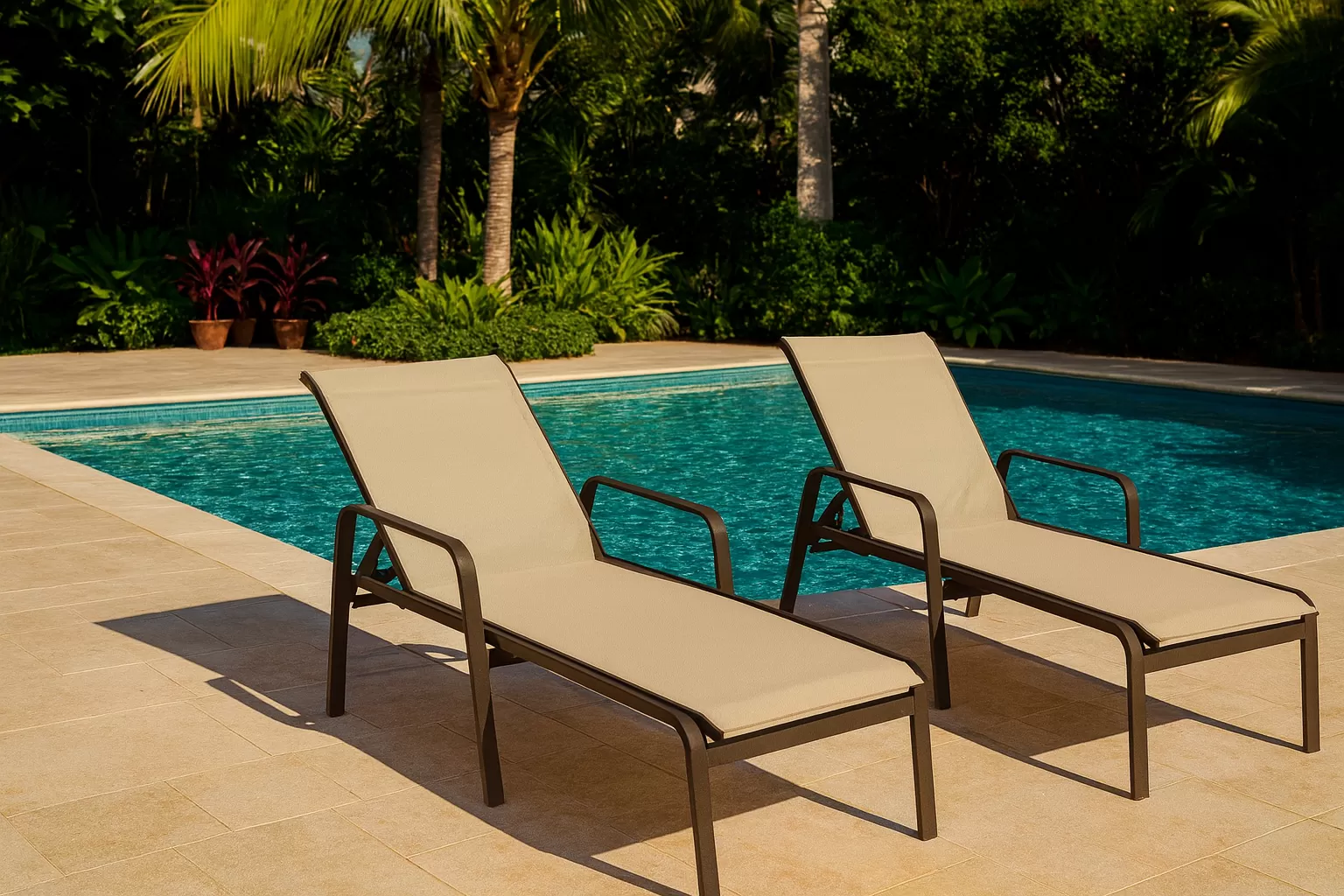 Kit com 3 Espreguiçadeiras para Piscina Summer - Alumínio Marrom, Tela Sling Bege | Empilhável