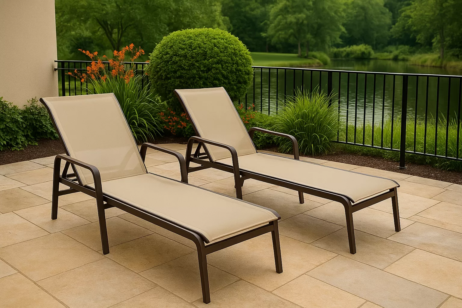 Kit com 3 Espreguiçadeiras para Piscina Summer - Alumínio Marrom, Tela Sling Bege | Empilhável