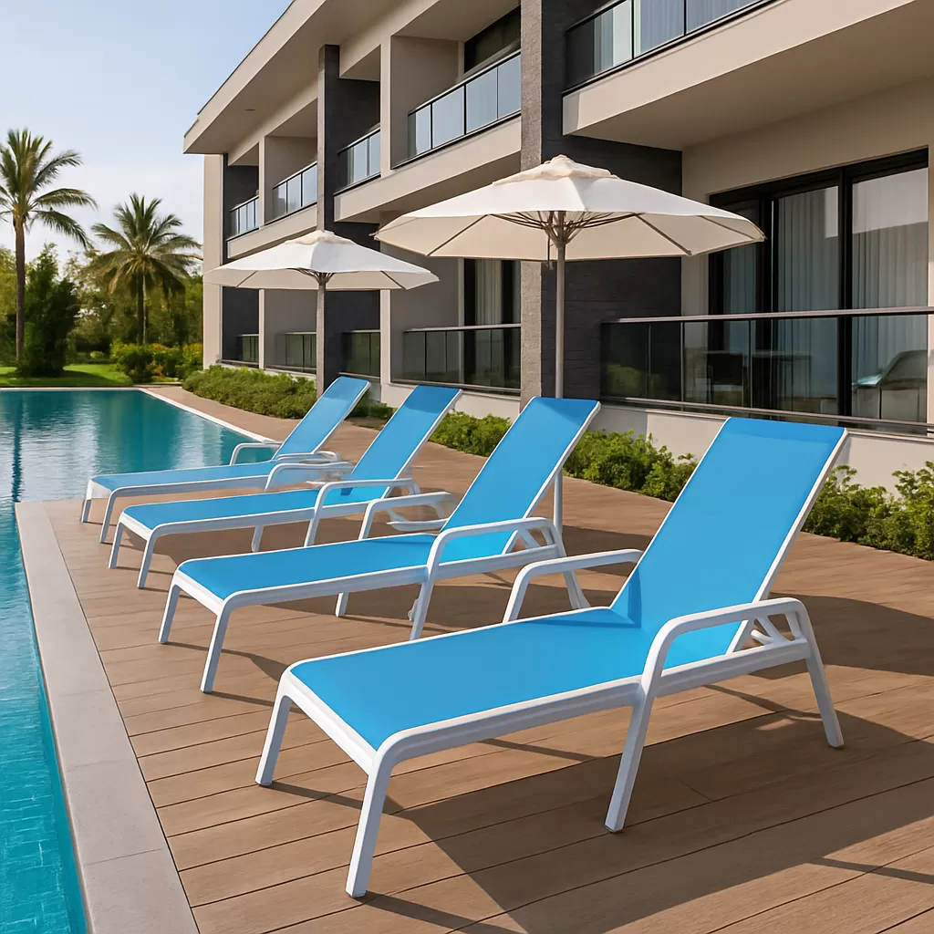 Kit com 5 Espreguiçadeiras para Piscina Summer - Alumínio Branco, Tela Sling Azul Claro | Empilhável