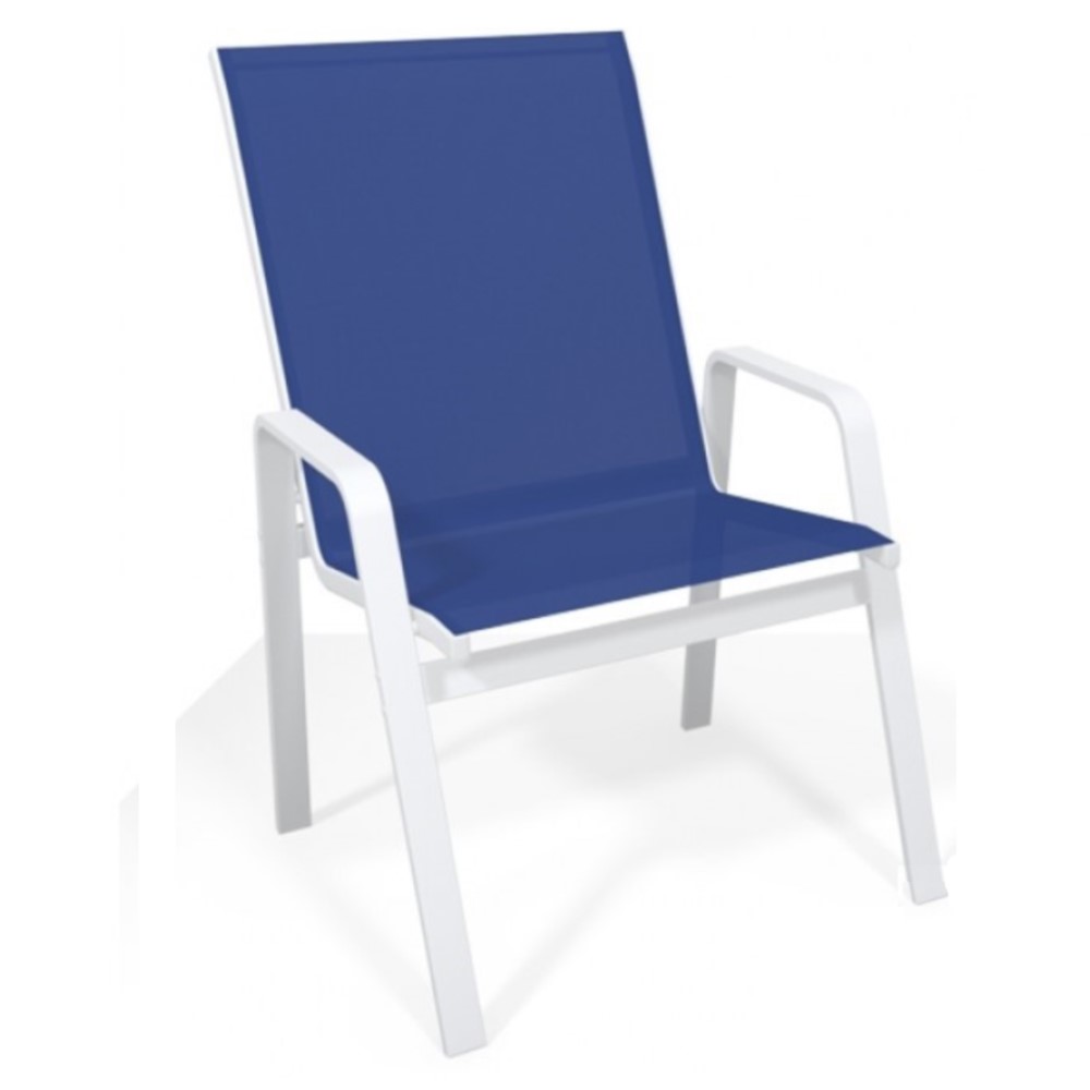 Conjunto Summer Alumínio - Mesa Redonda Branca ø 1,05m + 4 Cadeiras Tela Sling Azul Escuro + Ombrelone ø 2,30m - Menor Preço do Brasil