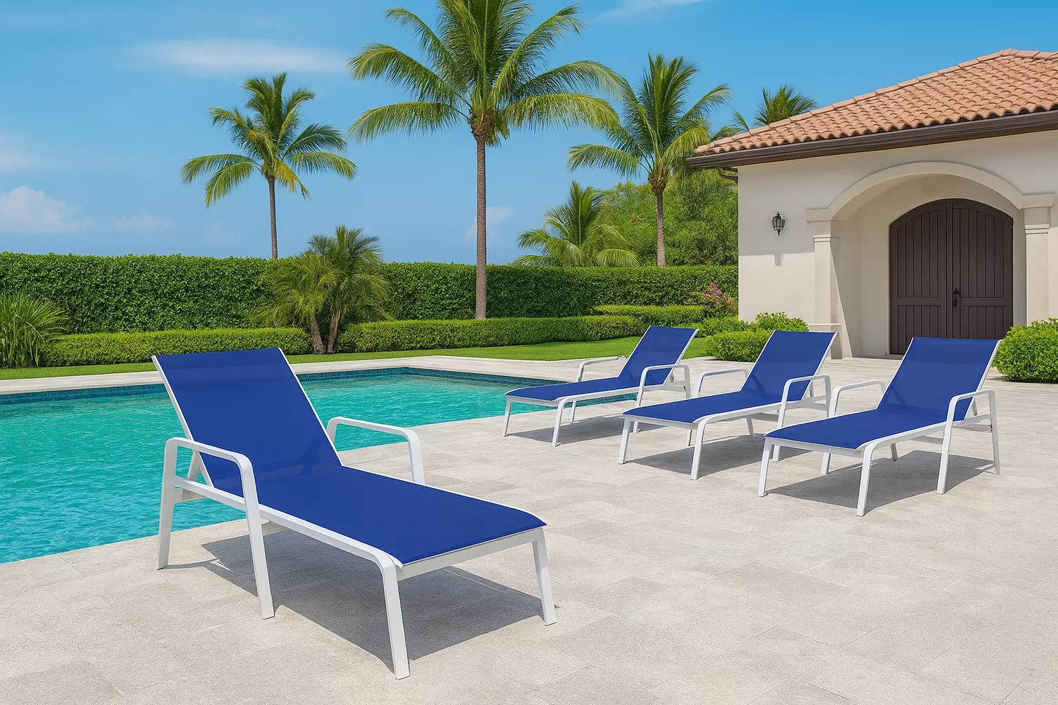 Espreguiçadeira para Piscina Summer - Alumínio Branco, Tela Sling Azul Escuro | Empilhável