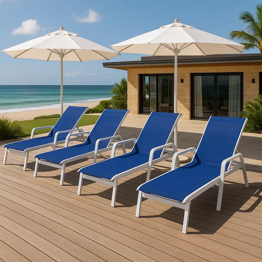 Espreguiçadeira para Piscina Summer - Alumínio Branco, Tela Sling Azul Escuro | Empilhável