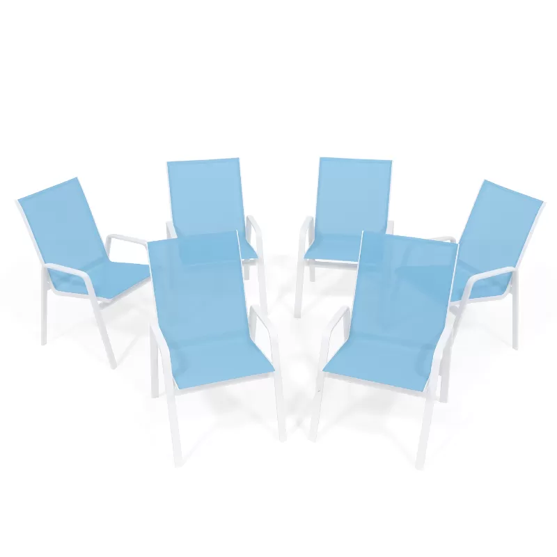 Kit com 6 Cadeiras para Piscina Summer - Alumínio Branco, Tela Sling Azul Claro | Empilhável