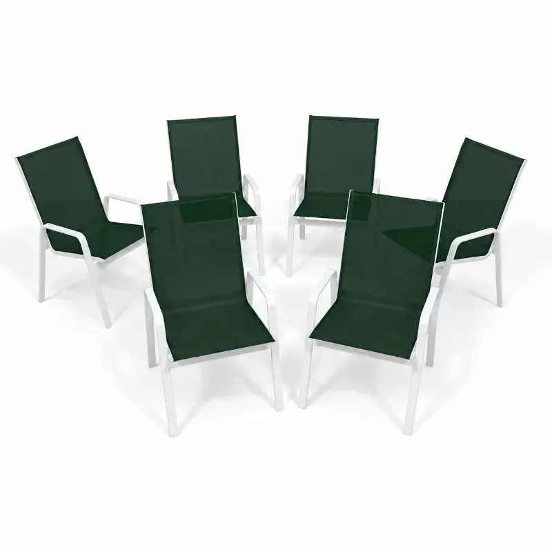 Kit Com 6 Cadeiras Para Piscina Summer - Alumínio Branco, Tela Sling Verde Escuro | Empilhável