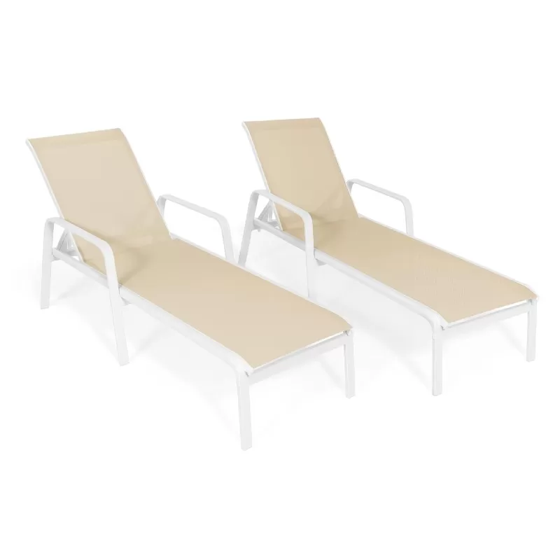 Kit com 2 Espreguiçadeiras para Piscina Summer - Alumínio Branco, Tela Sling Bege | Empilhável