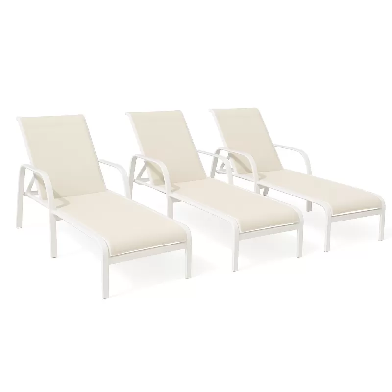 Kit com 3 Espreguiçadeiras para Piscina Summer - Alumínio Branco, Tela Sling Branca| Empilhável