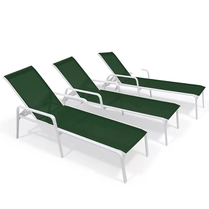 Kit com 3 Espreguiçadeiras para Piscina Summer - Alumínio Branco, Tela Sling Verde Escuro | Empilhável