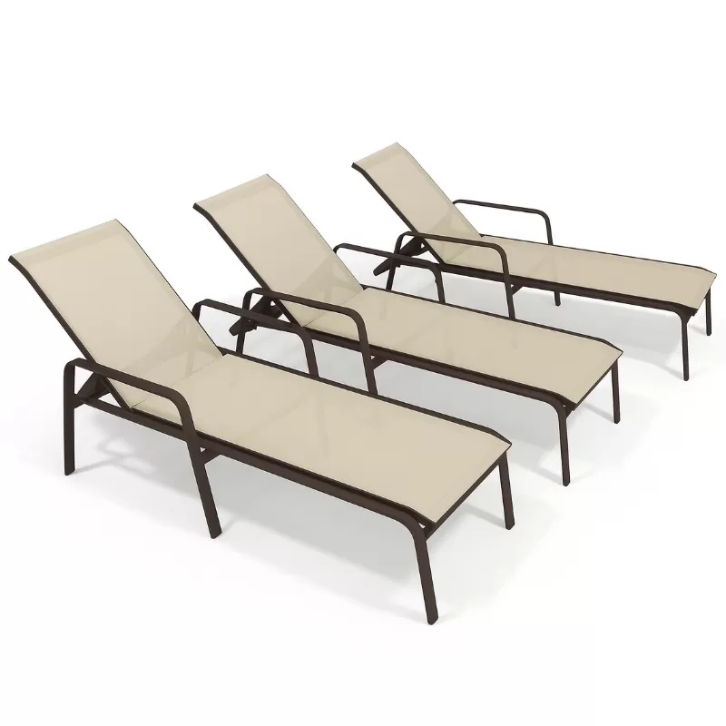Kit com 3 Espreguiçadeiras para Piscina Summer - Alumínio Marrom, Tela Sling Bege | Empilhável