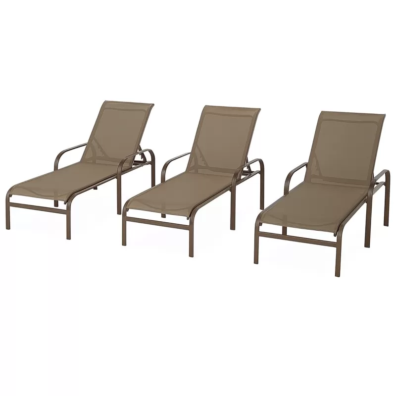Kit com 3 Espreguiçadeiras para Piscina Summer - Alumínio Marrom, Tela Sling Marrom Empilhável