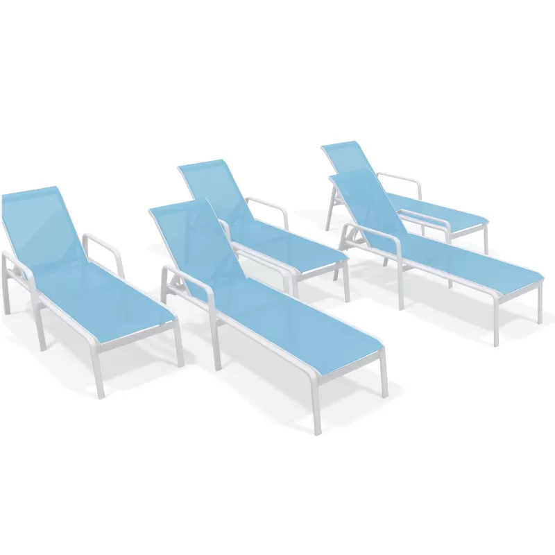 Kit com 5 Espreguiçadeiras para Piscina Summer - Alumínio Branco, Tela Sling Azul Claro | Empilhável