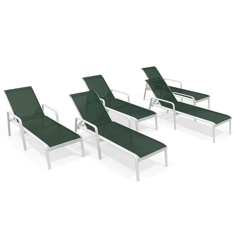 Kit com 5 Espreguiçadeiras para Piscina Summer - Alumínio Branco, Tela Sling Verde Escuro | Empilhável