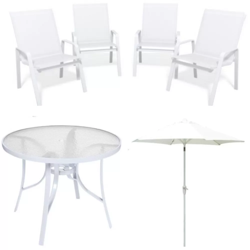 Conjunto Summer Alumínio Branco - Mesa Redonda 1,05m + 4 Cadeiras Tela Sling + Ombrelone 2,30m - Menor Preço do Brasil