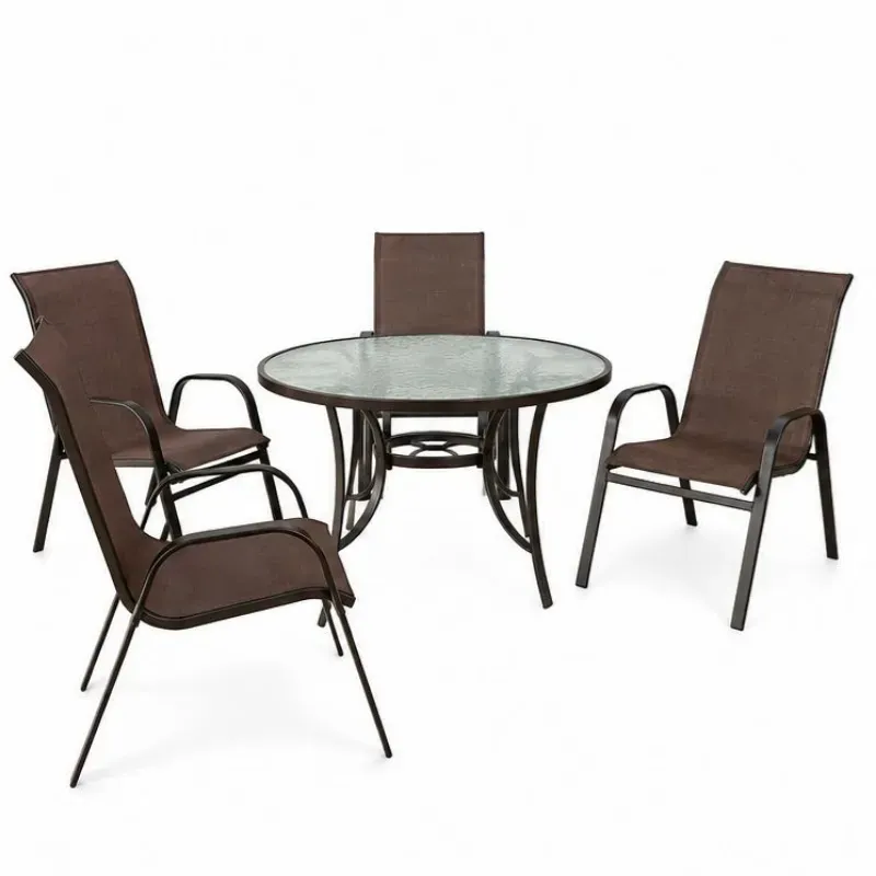 Conjunto Summer Alumínio Marrom - Mesa Redonda Ø 1,05M + 4 Cadeiras Tela Sling - Excelente Qualidade!