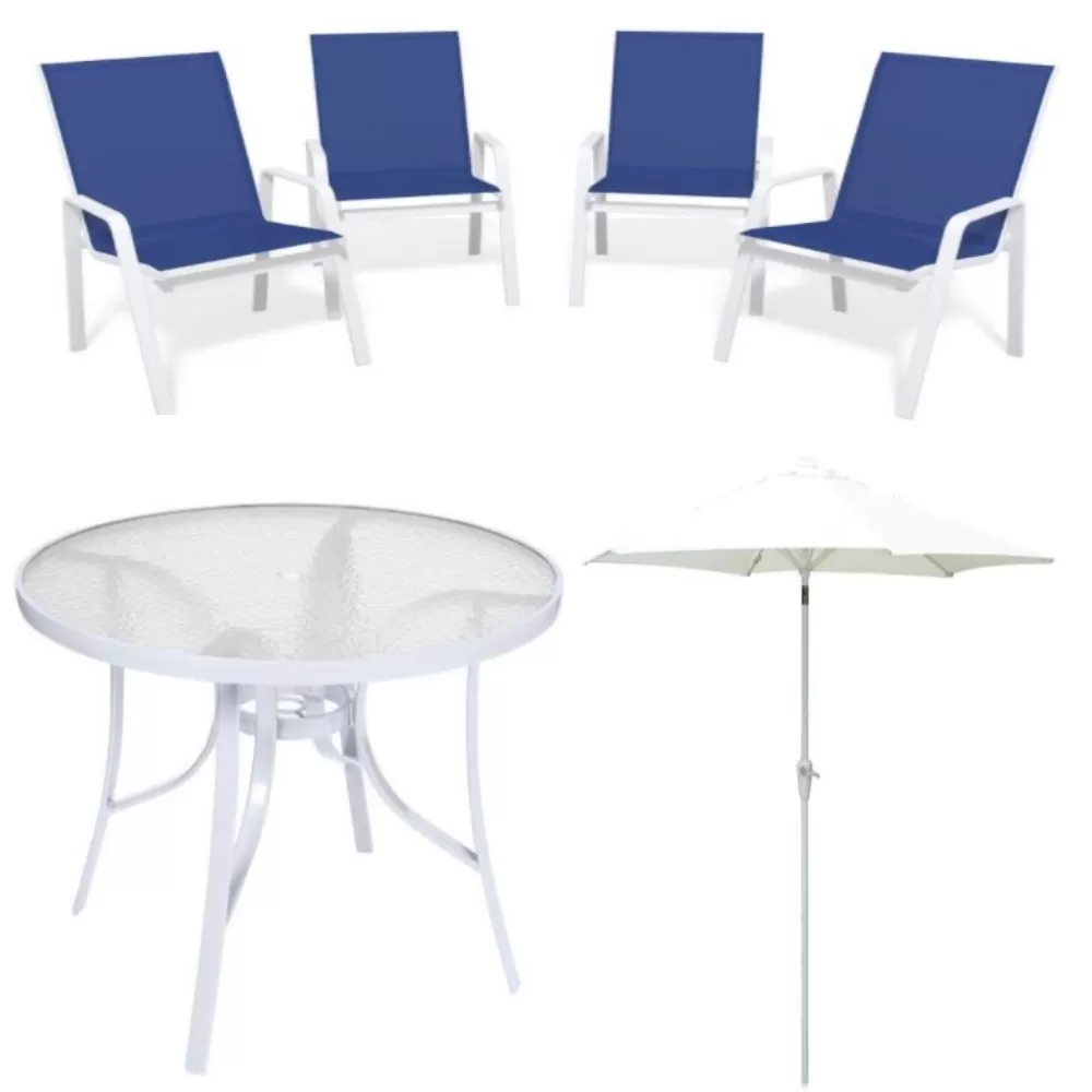 Conjunto Summer Alumínio - Mesa Redonda Branca ø 1,05m + 4 Cadeiras Tela Sling Azul Escuro + Ombrelone ø 2,30m - Menor Preço Do Brasil