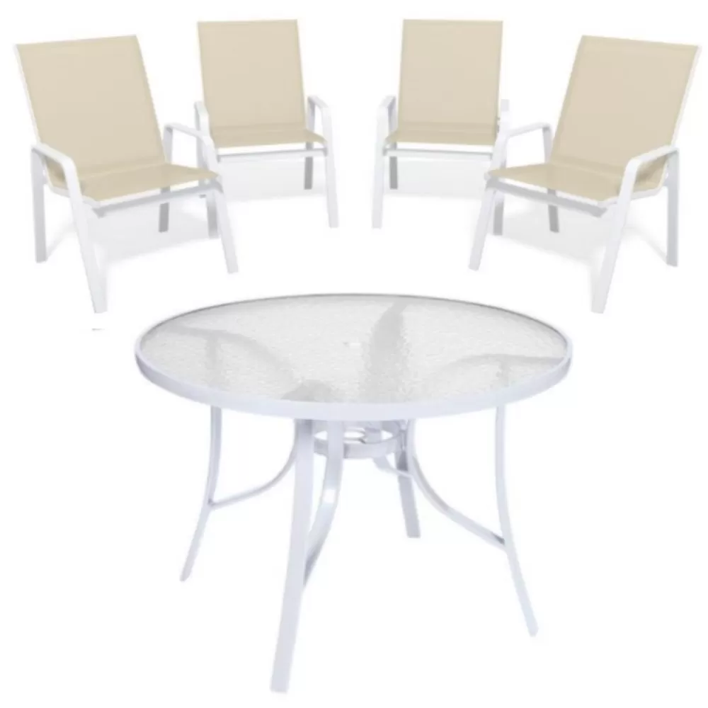 Conjunto Summer Alumínio Branco - Mesa Redonda ø 1,05m + 4 Cadeiras Tela Sling - Pronta entrega!