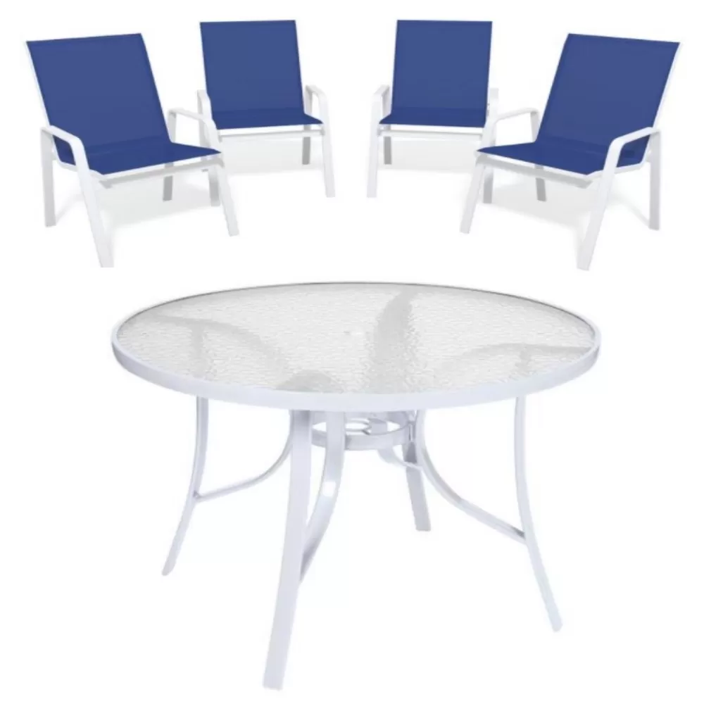 Conjunto Summer Alumínio - Mesa Redonda Branca ø 1,05m + 4 Cadeiras Tela Sling Azul Escuro - Menor Preço do Brasi