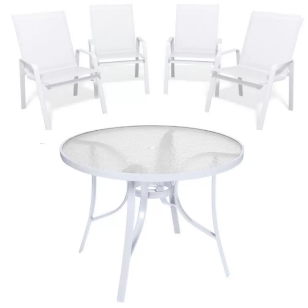 Conjunto Summer Alumínio Branco - Mesa Redonda 1,05m + 4 Cadeiras Tela Sling - Pronta entrega.