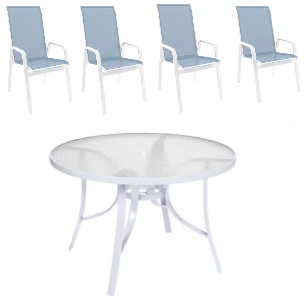 Conjunto Summer Alumínio - Mesa Redonda Branca ø 1,05m + 4 Cadeiras Tela Sling Azul Claro - Menor Preço Do Brasil