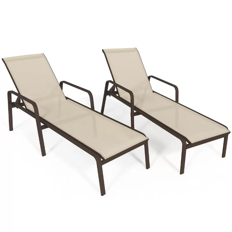 Kit Com 2 Espreguiçadeiras Para Piscina Summer - Alumínio Marrom, Tela Sling Bege | Empilhável