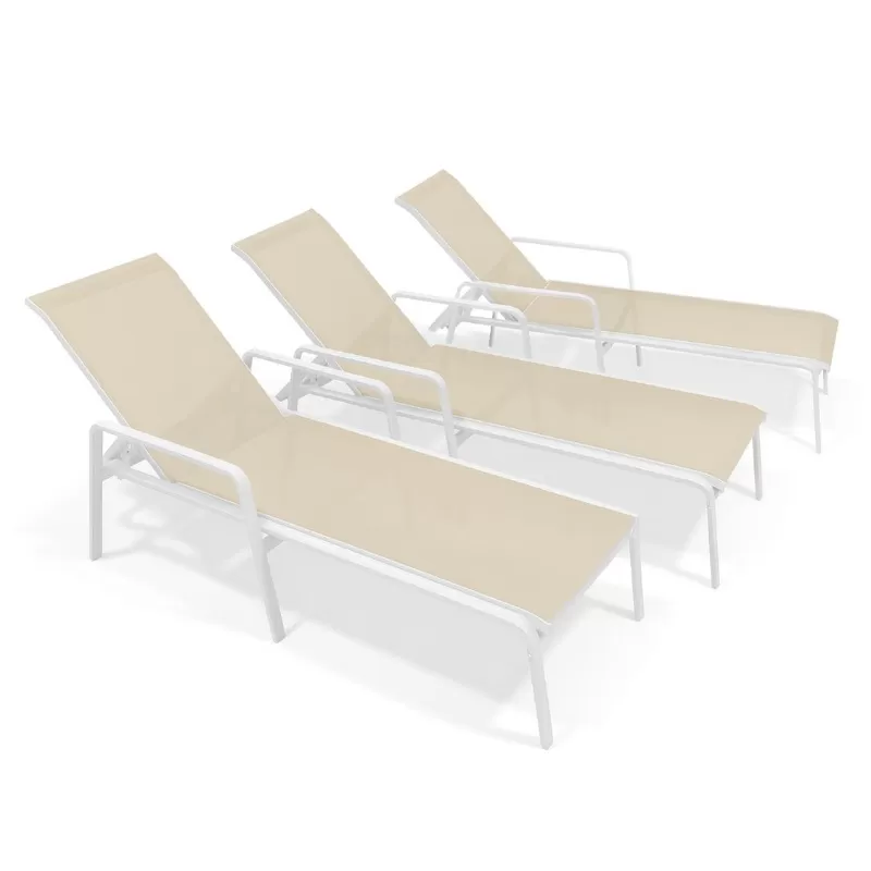 Kit Com 3 Espreguiçadeiras Para Piscina Summer - Alumínio Branco, Tela Sling Bege | Empilhável