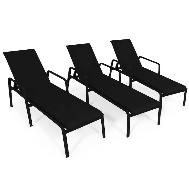 Kit Com 3 Espreguiçadeiras Para Piscina Summer - Alumínio Preto, Tela Sling Preta | Empilhável