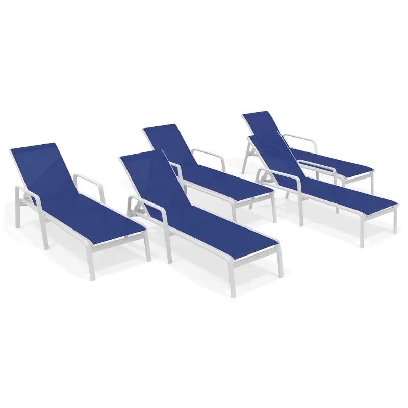 Kit Com 5 Espreguiçadeiras Para Piscina Summer - Alumínio Branco, Tela Sling Azul Escuro | Empilhável