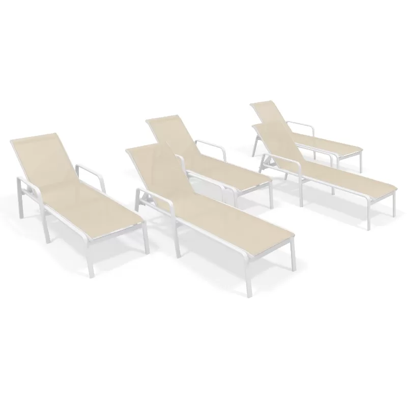 Kit Com 5 Espreguiçadeiras Para Piscina Summer - Alumínio Branco, Tela Sling Bege | Empilhável