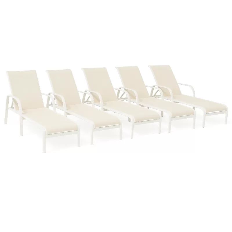Kit Com 5 Espreguiçadeiras Para Piscina Summer - Alumínio Branco, Tela Sling Branca| Empilhável