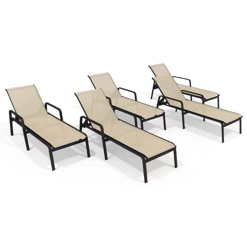 Kit Com 5 Espreguiçadeiras Para Piscina Summer - Alumínio Marrom, Tela Sling Bege | Empilhável