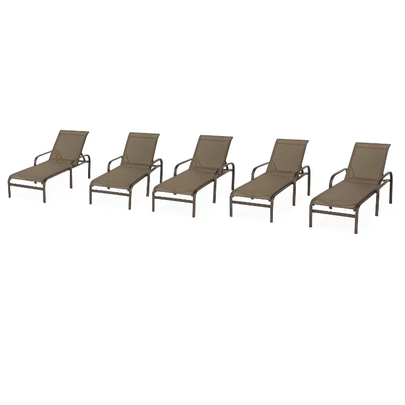 Kit Com 5 Espreguiçadeiras Para Piscina Summer - Alumínio Marrom, Tela Sling Marrom | Empilhável