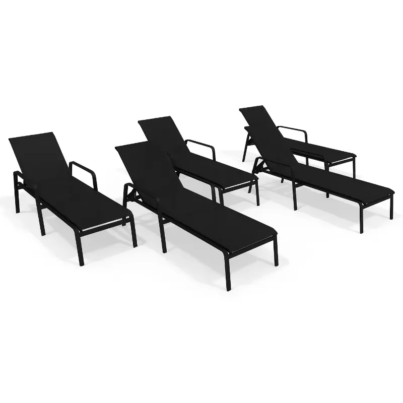 Kit Com 5 Espreguiçadeiras Para Piscina Summer - Alumínio Preto, Tela Sling Preta | Empilhável